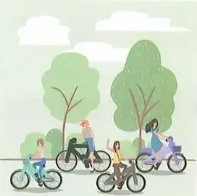 Ilustración de personas utilizando bicicletas en un parque. Representa una acción cotidiana que contribuye a disminuir la huella ecológica.