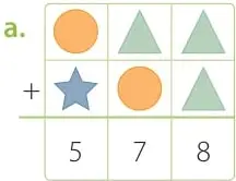Tres adiciones verticales con figuras (círculo, triángulo, estrella) en 4.a, 4.b y 4.c, cada una con su resultado.