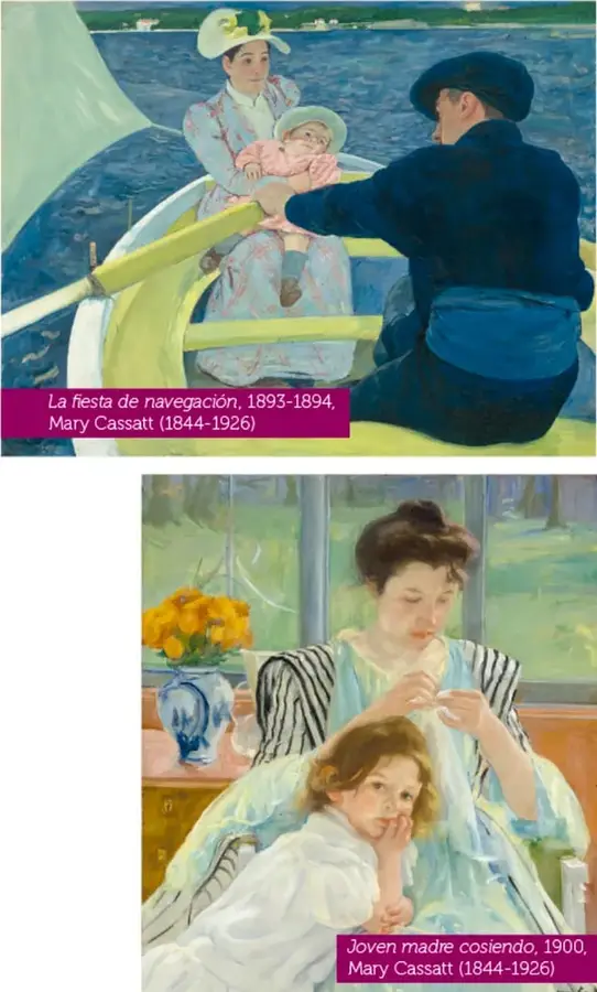 "La fiesta de navegación", 1893-1894: un hombre con boina azul rema en una barca amarilla; una mujer con sombrero blanco sostiene a un bebé, navegando en agua azul.
