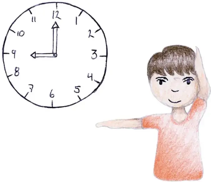 Reloj analógico que marca las 9:00 y niño con el brazo izquierdo levantado y el derecho extendido horizontalmente a la altura del hombro.