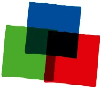 Tres papeles cuadrados de colores (azul, verde y rojo) superpuestos sobre una mesa; en las zonas de encimado los colores se oscurecen y la intersección de los tres se ve casi negra.