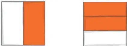 Dos hojas de papel lustre: la primera dividida en 2 franjas verticales con la derecha pintada; la segunda dividida en 3 franjas horizontales con dos pintadas.