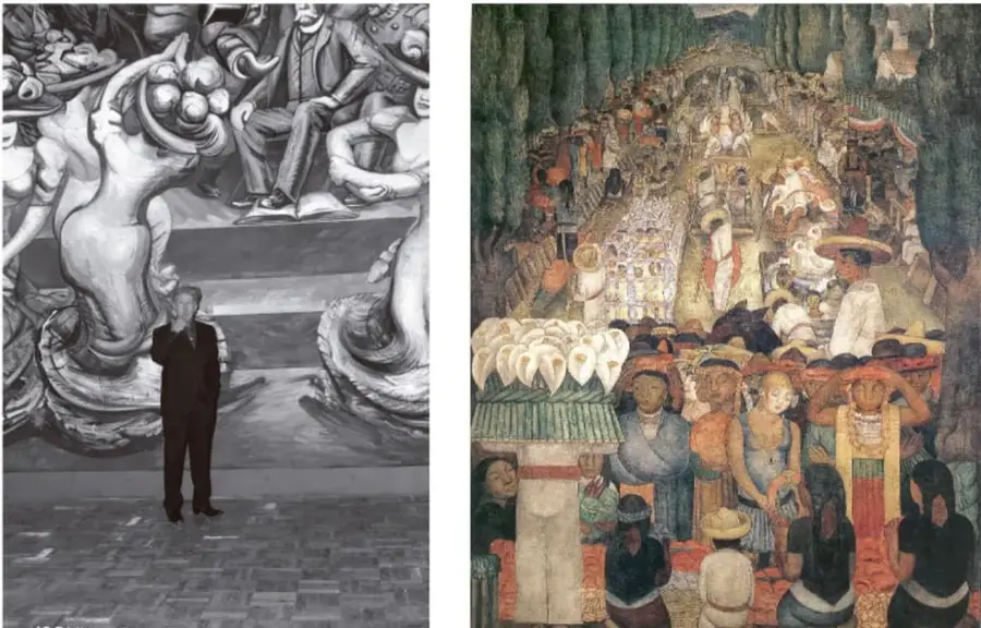 Fotografía en blanco y negro de una persona frente a un mural monumental con figuras escultóricas, probablemente de David Alfaro Siqueiros.