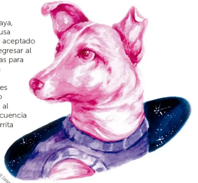 Ilustración en acuarela de una perrita (Laika) de color rosa con ojos rojos, con un fondo que simula una nave o abrigo espacial.