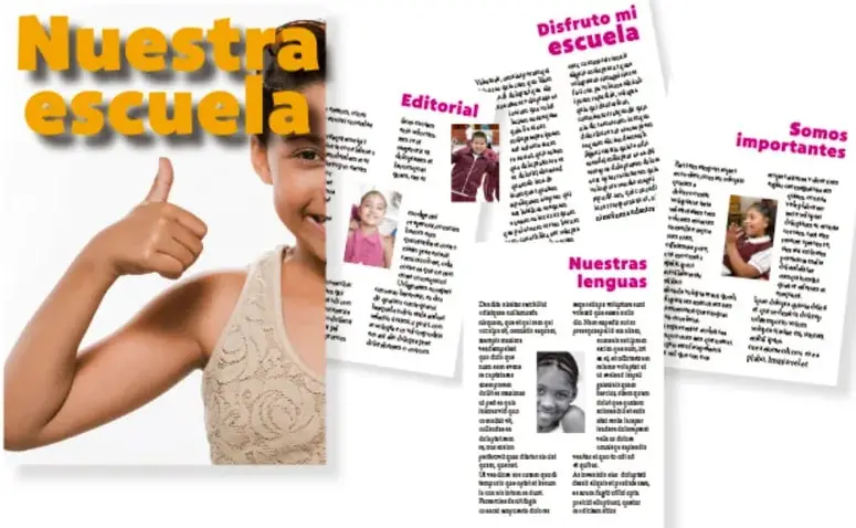 Portada de una revista escolar titulada 'Nuestra escuela', con secciones como Editorial, Disfruto mi escuela, Nuestras lenguas y Somos importantes.