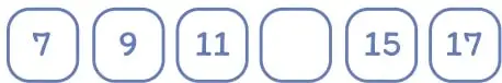 Seis casillas con los números 7, 9, 11, una vacía, 15 y 17; debajo, las alternativas A. 12, B. 13, C. 14.