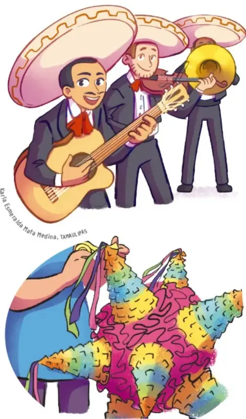 Ilustración de tres músicos de mariachi con sombrero, guitarrón, vihuela y trompeta, con crédito a Karla Esmeralda Mata Medina, Tamaulipas.