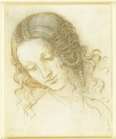 Dibujo a sanguina de 'La cabeza de Leda': cabeza femenina inclinada hacia abajo con cabello ondulado muy detallado. Pie: 'La cabeza de Leda, ca. 1505-1508, Leonardo da Vinci (1452-1519)'.