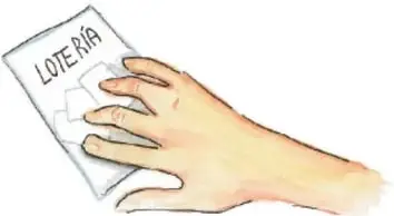 Mano sosteniendo una tarjeta de lotería con cuadros y figuras.