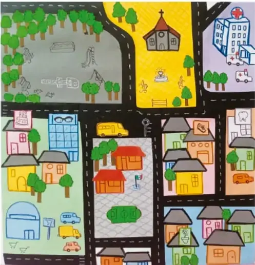 Croquis coloreado a mano de un barrio con calles, casas, iglesia, escuela, hospital, parques y autos; crédito: Mariana Guzmán García, Estado de México.