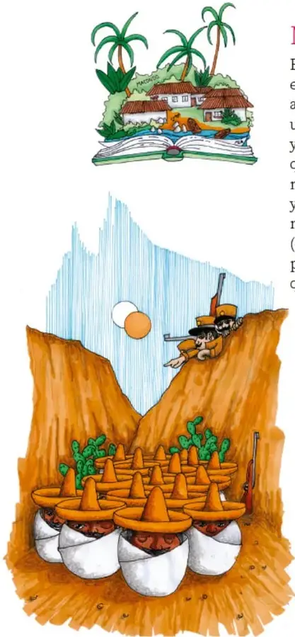 Ilustración de un libro abierto del que brotan palmeras y una casa de campo, representando el mundo imaginario de la novela.