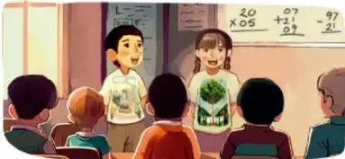 Estudiantes en un salón portando playeras y exponiendo ante sus compañeros.