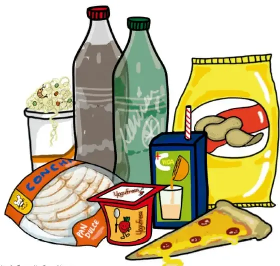 Dibujo de alimentos saludables: piña, fresas en vaso, lechuga, manzana, plátano, mango, zanahoria, cebolla y nopal.