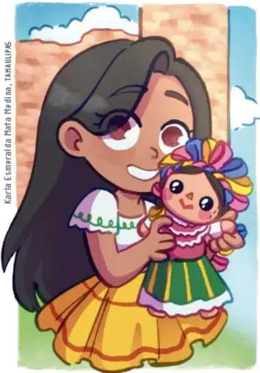 Ilustración de una niña con cabello largo que abraza con alegría su muñeca Lele, vestida con falda amarilla y rebozo; la muñeca lleva trenzas y traje tradicional.