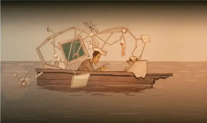 Ilustración de un hombre en una balsa improvisada con una estructura de espejos y objetos flotantes, en un mar en calma.