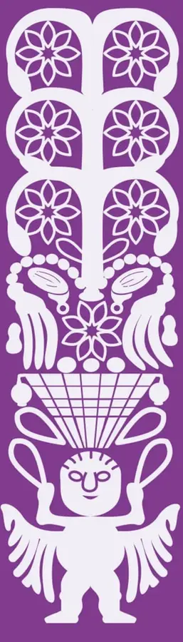 Ilustración decorativa en blanco sobre fondo morado: figura humana estilizada con brazos alzados, alas y un tocado con flores y formas geométricas, inspirada en el arte textil o en la iconografía prehispánica.