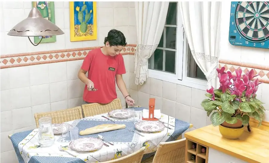 Fotografía de una cocina-comedor: un niño junto a una mesa con mantel, platos, jarra, pan; sillas de mimbre; lámpara colgante; maceta con flores; diana de dardos.