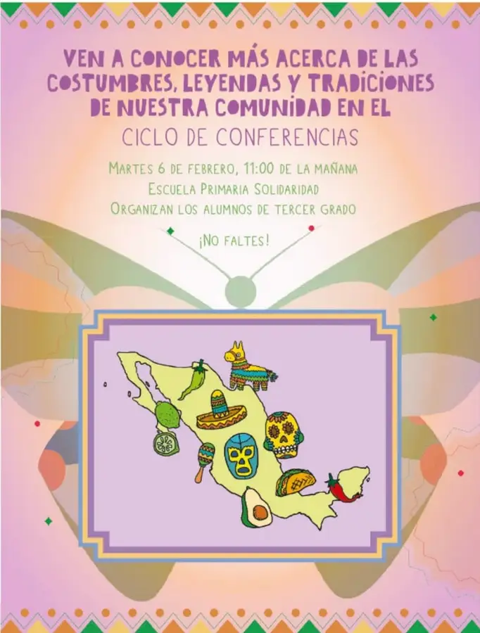 Cartel modelo con fondo rosa y verde, texto morado y verde, y un mapa de México rodeado de elementos culturales: sarape, taco, sombrero, máscara, pan de muerto, molcajete, chile, calaverita y limón.