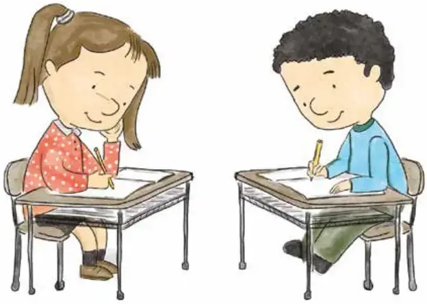Ilustración de una niña con polera roja de lunares y un niño con polera celeste, sentados en sus pupitres, escribiendo en sus cuadernos con lápiz. Ambos parecen estar concentrados en una actividad escolar.