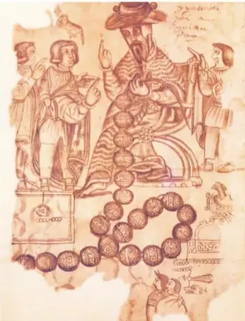Ilustración colonial que muestra a un encomendero o autoridad española sentado, con indígenas trabajando y entregando tributos; incluye figuras con vestimenta de la época y productos agrícolas.