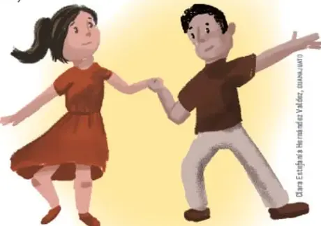 Ilustración de un niño y una niña tomados de la mano, moviéndose y sonriendo, con ropa casual.
