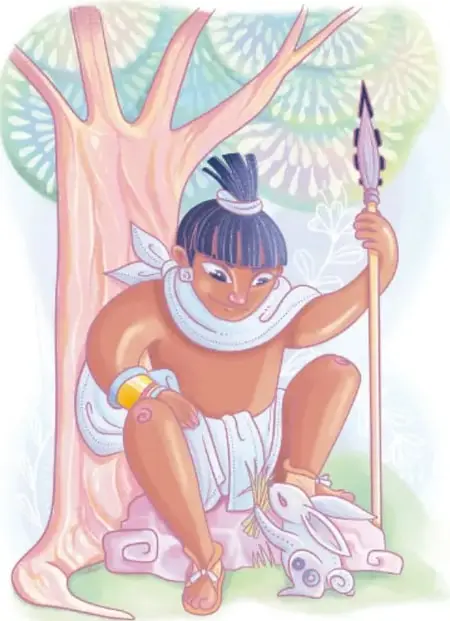 Ilustración del dios Quetzalcóatl disfrazado de hombre, sentado junto a un árbol con una lanza, mientras un conejo blanco le ofrece zacate.