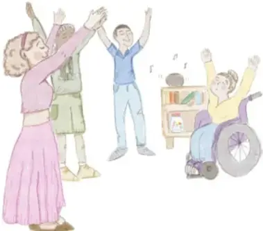 Ilustración de cuatro estudiantes celebrando, uno en silla de ruedas, por Mariana Haide Calderón Cifuentes