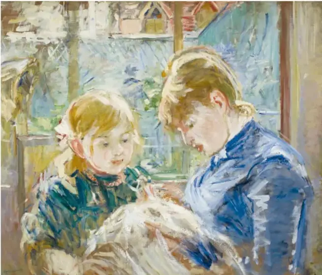 Escena de una mujer y una niña (Julie) con su niñera, pincelada espontánea y colores claros, ca. 1884.