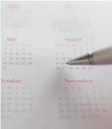 Fotografía de un calendario impreso con meses (julio, agosto, octubre, noviembre) y un bolígrafo señalando una fecha, ilustrando la calendarización del plan.