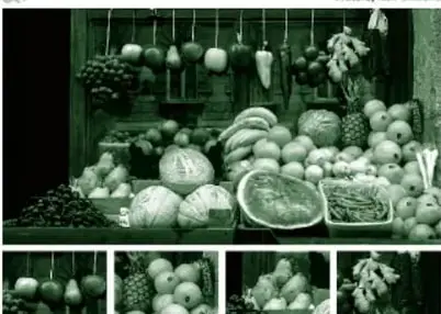 Fotografía 'Frutero' de Flor Garduño con cuatro detalles ampliados debajo: puesto con frutas y verduras colgadas en mecates y sobre guacales, en blanco y negro.