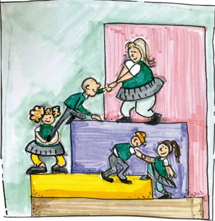 Ilustración de cuatro niñas y niños que suben y se ayudan mutuamente sobre bloques de colores (amarillo, morado, rosa), representando el trabajo en equipo, la ayuda mutua y la construcción colectiva de acuerdos.