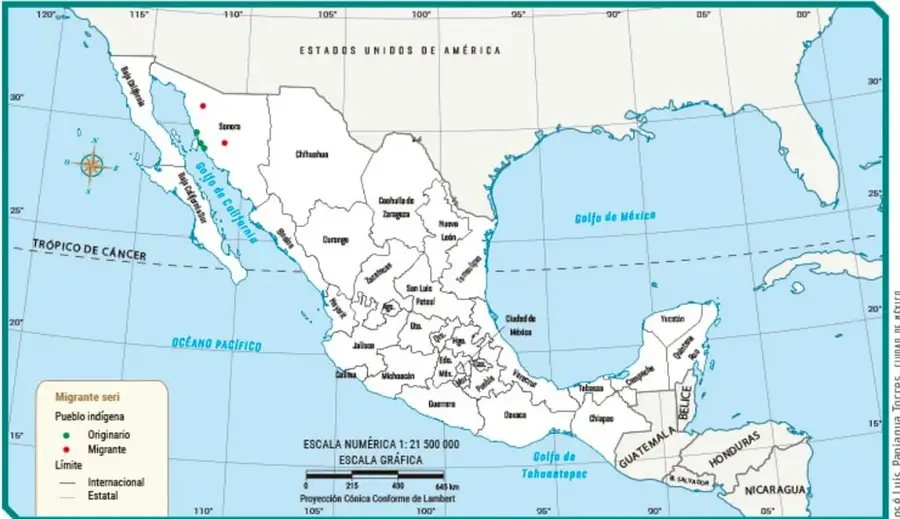 Mapa de México titulado "Ubicación originaria de los seris y lugares de migración", con leyenda de migrante serí, límites y escala 1:21 500 000.