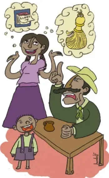 Ilustración de Julio César Banda Tecalco, Veracruz: una mujer (Titina) soñando con un libro y una escoba, junto a un hombre con sombrero (Don Fernando) sentado a la mesa y un niño (Polito) sonriendo.