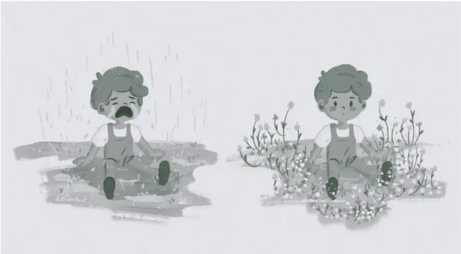 Ilustración en tonos grises de un niño pequeño sentado en el suelo. A la izquierda aparece llorando bajo la lluvia, con el cabello revuelto y expresión de molestia; a la derecha, el mismo niño está tranquilo y sonriente entre flores y pasto, con el cabello peinado. La imagen contrasta un estado de desregulación emocional con uno de calma.