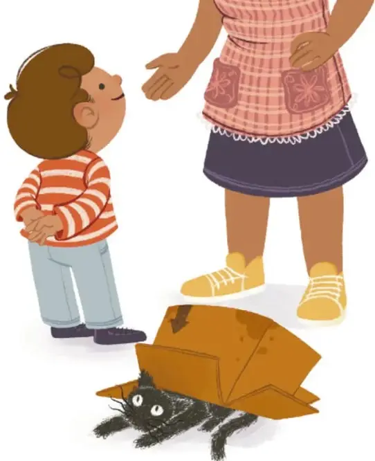 Ilustración de Lalo, un niño con suéter de rayas rojas, mirando hacia arriba y hablando con su mamá, que viste blusa rosa a cuadros y falda azul.