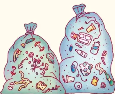 Dos costales de residuos dibujados con objetos mezclados, misma ilustradora.