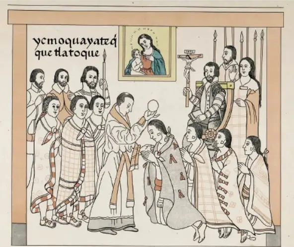 Ilustración colonial que muestra a un fraile bautizando a un indígena, con la leyenda 'Ycmoquayataç que tla toque' y una imagen religiosa al fondo.