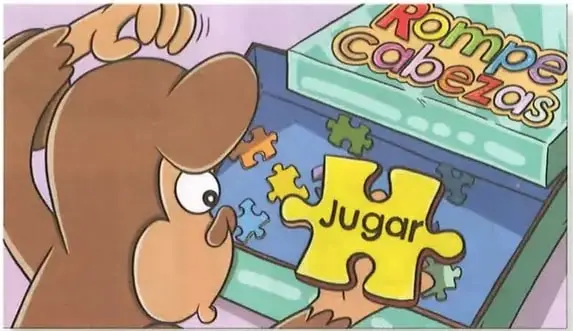 Niño armando un rompecabezas con una pieza que dice 'Jugar'.