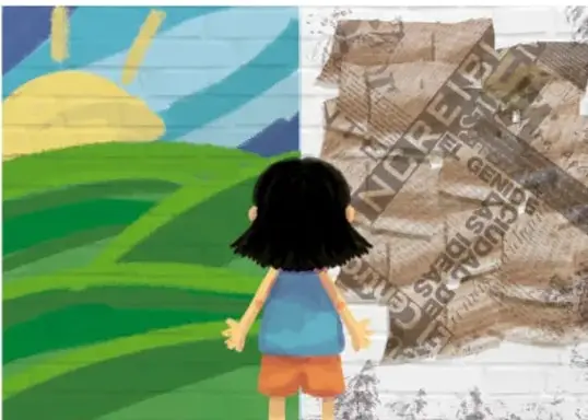 Ilustración de una niña de espaldas observando un mural colorido con un sol y colinas verdes, junto a una pared con carteles rotos y basura, que contrasta un ambiente agradable con contaminación visual.