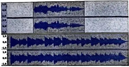 Capturas de una pista de audio en Audacity, con formas de onda y controles de reproducción.