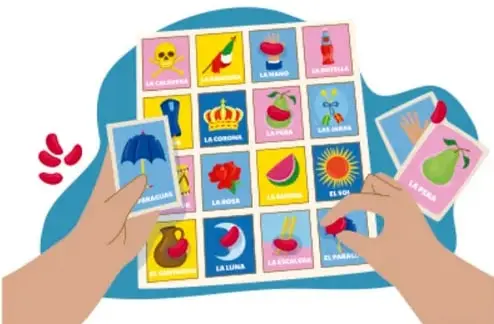 Ilustración de dos manos sosteniendo cartas de lotería mexicana con figuras como el diablo, la corona, la rosa, el sol, la luna, la botella y la pera, sobre un fondo azul.