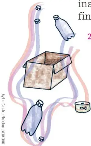 Ilustración de una caja con botellas plásticas y latas flotando sobre ondas de colores, símbolo del problema del manejo de residuos.