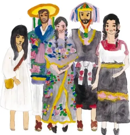 Acuarela de cinco personas con trajes tradicionales mayas muy coloridos: vestidos bordados de flores, huipiles, sombreros de paja y cintas de colores.