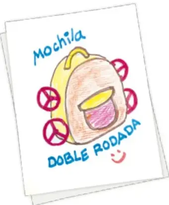 Dibujo infantil de una mochila con ruedas, con las palabras 'Mochila' y 'DOBLE RODADA' y símbolos de reciclaje.