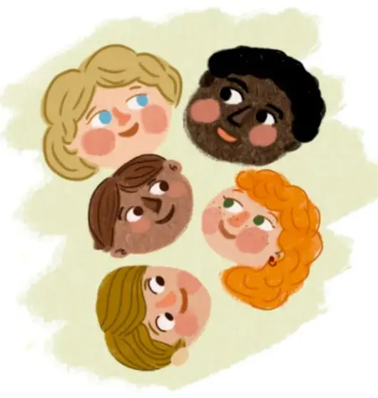 Ilustración de cinco rostros de niños de distintos tonos de piel y colores de cabello mirándose unos a otros, representando diversidad; ilustración de Ana María Hernández Hernández, Ciudad de México.