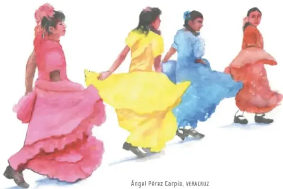Ilustración de cuatro bailarinas con faldas de colores en movimiento; crédito Ángel Pérez Carpio, Veracruz.