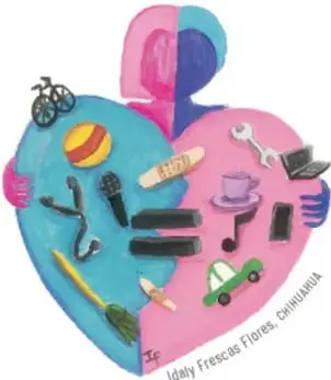 Corazón dividido en dos colores con objetos domésticos y de juego: bicicleta, balón, herramientas, taza, celular, carrito, entre otros.
