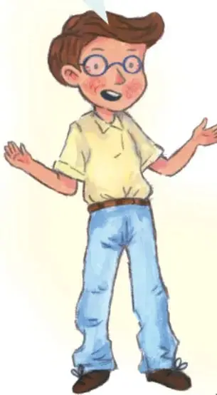 Ilustración de un niño con lentes, camisa amarilla y pantalón azul, diciendo en una burbuja: ¡Palabrita, te seguiré adonde vayas!