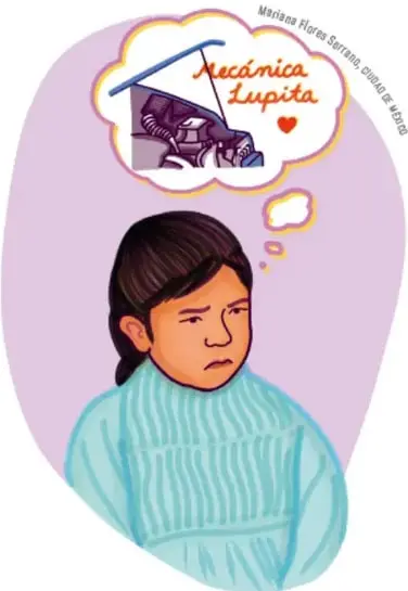 Ilustración de Lupita, una niña con suéter azul, pensando en un taller mecánico con el texto 'Mecánica Lupita' y un corazón.