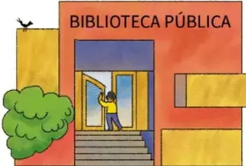 Niña de uniforme que alcanza con la mano un libro de un estante de madera lleno de libros de colores.